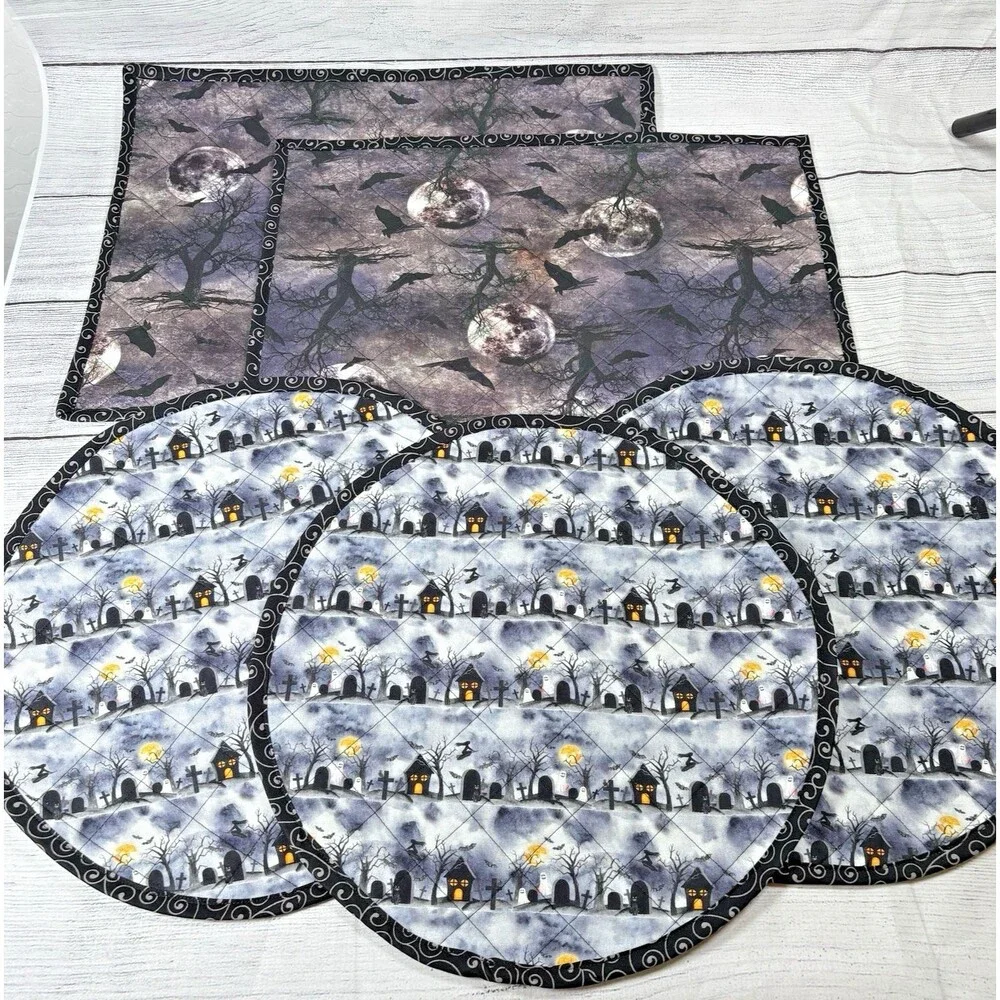 Hand Made Placemats Set of 5 HALLOWEEN Quilted Bats Moons Graveyard Ghosts